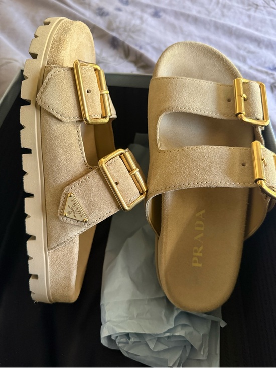 Prada Shoes - Prada Beige Suede Double-Buckle Lug Sandals with Gold Buckles